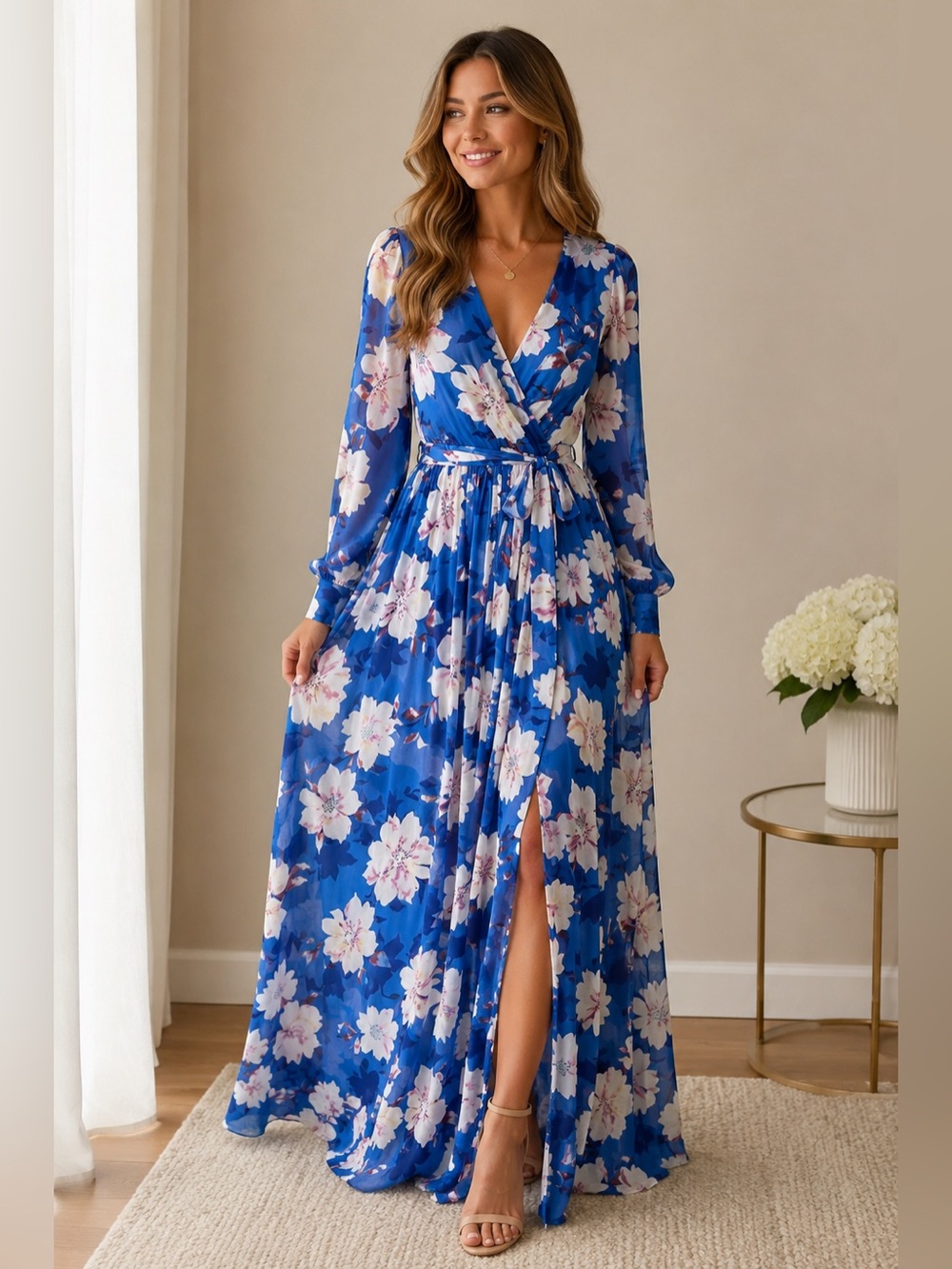 Pink Lily Blue Floral Maxi Wrap Dress Long Sleeve Boho Size M